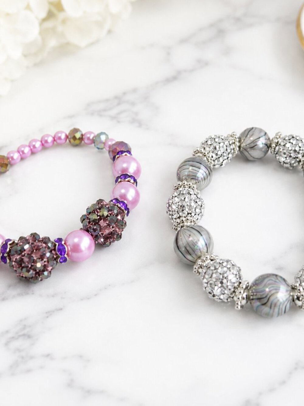 Handmade Stretch Beaded Bracelet Set Pink Purple & Silver Gray Sparkle - Picture 4 of 9